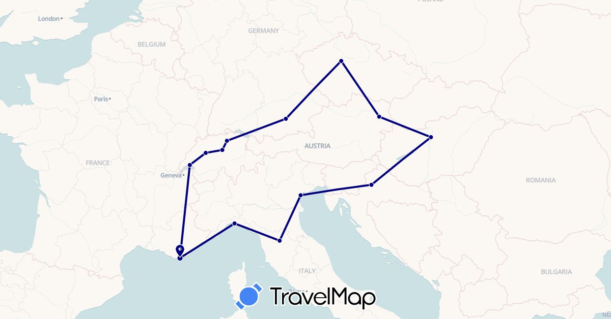 TravelMap itinerary: driving in Austria, Switzerland, Czech Republic, Germany, France, Croatia, Hungary, Italy (Europe)